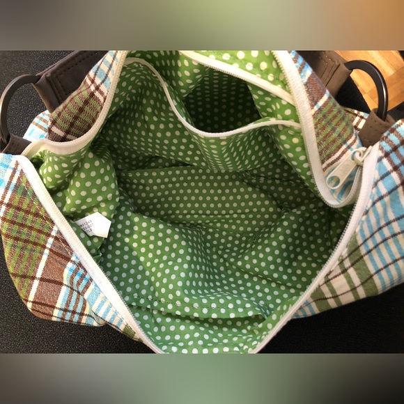 Spacious boutique shoulder bag. Green, blue, white and brown plaid pattern. - Picture 3 of 3